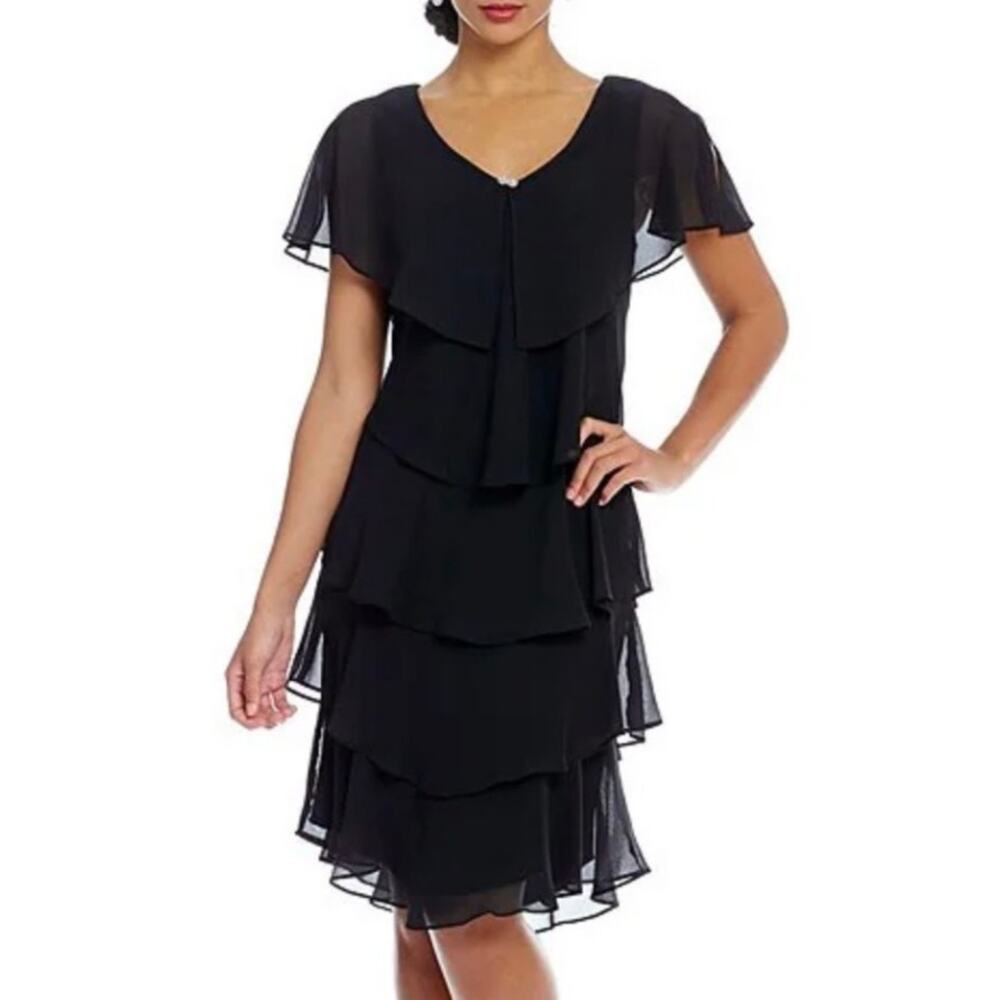 Ignite Evenings NEW Georgette Ruffle Tiered Capelet Dress Size 12 Black $119